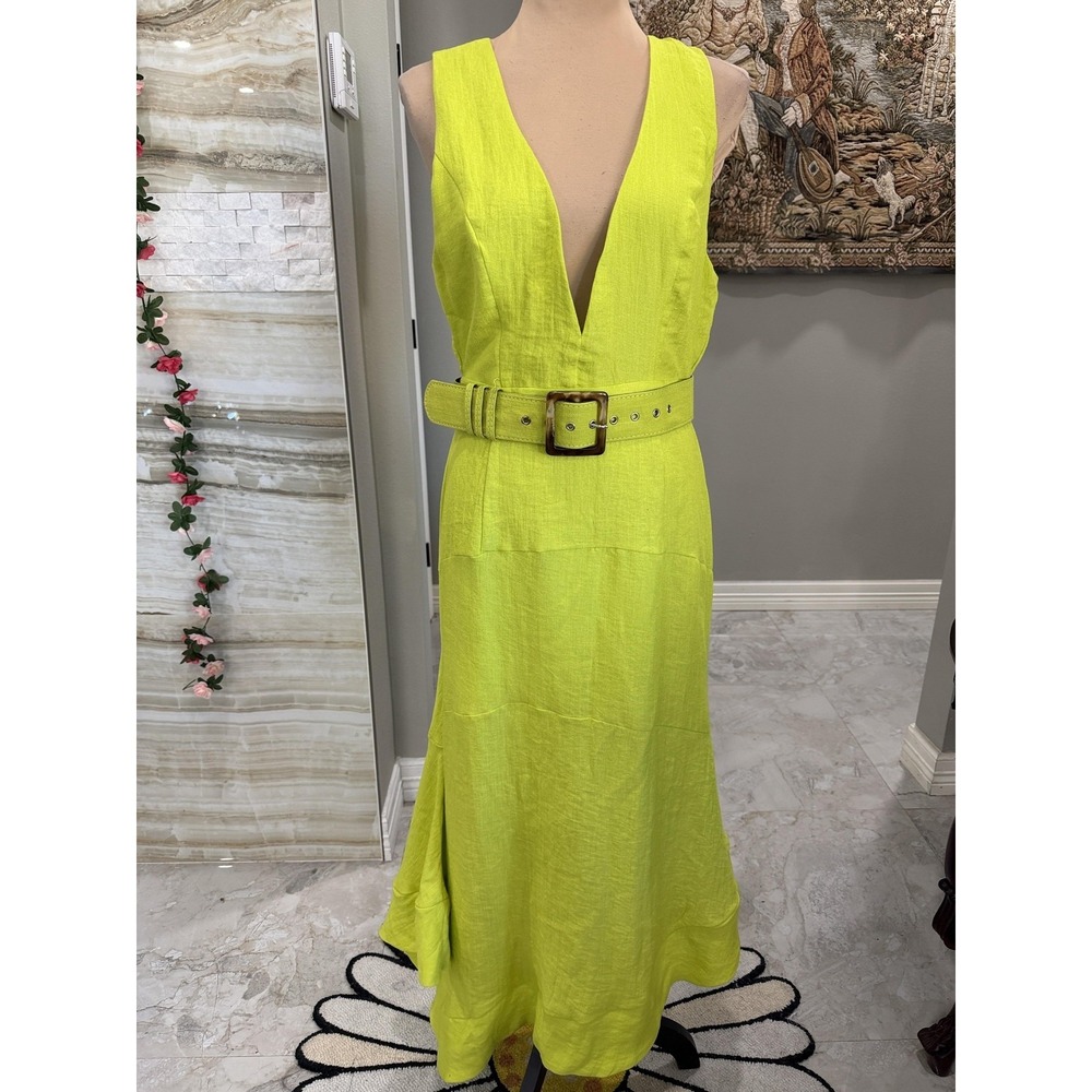 OJ Collection Dress Womens Medium Green V Neck Belted Fit Flare Maxi Linen Blend